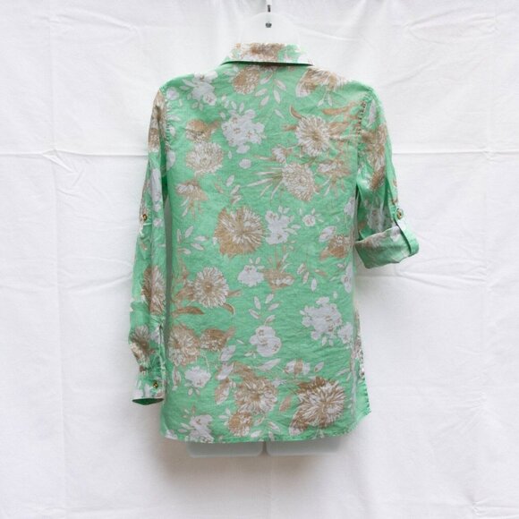 Charter Club Women P/P Tunic Shirt Linen Floral Green Button Up Roll Tab Sleeves - Picture 7 of 9